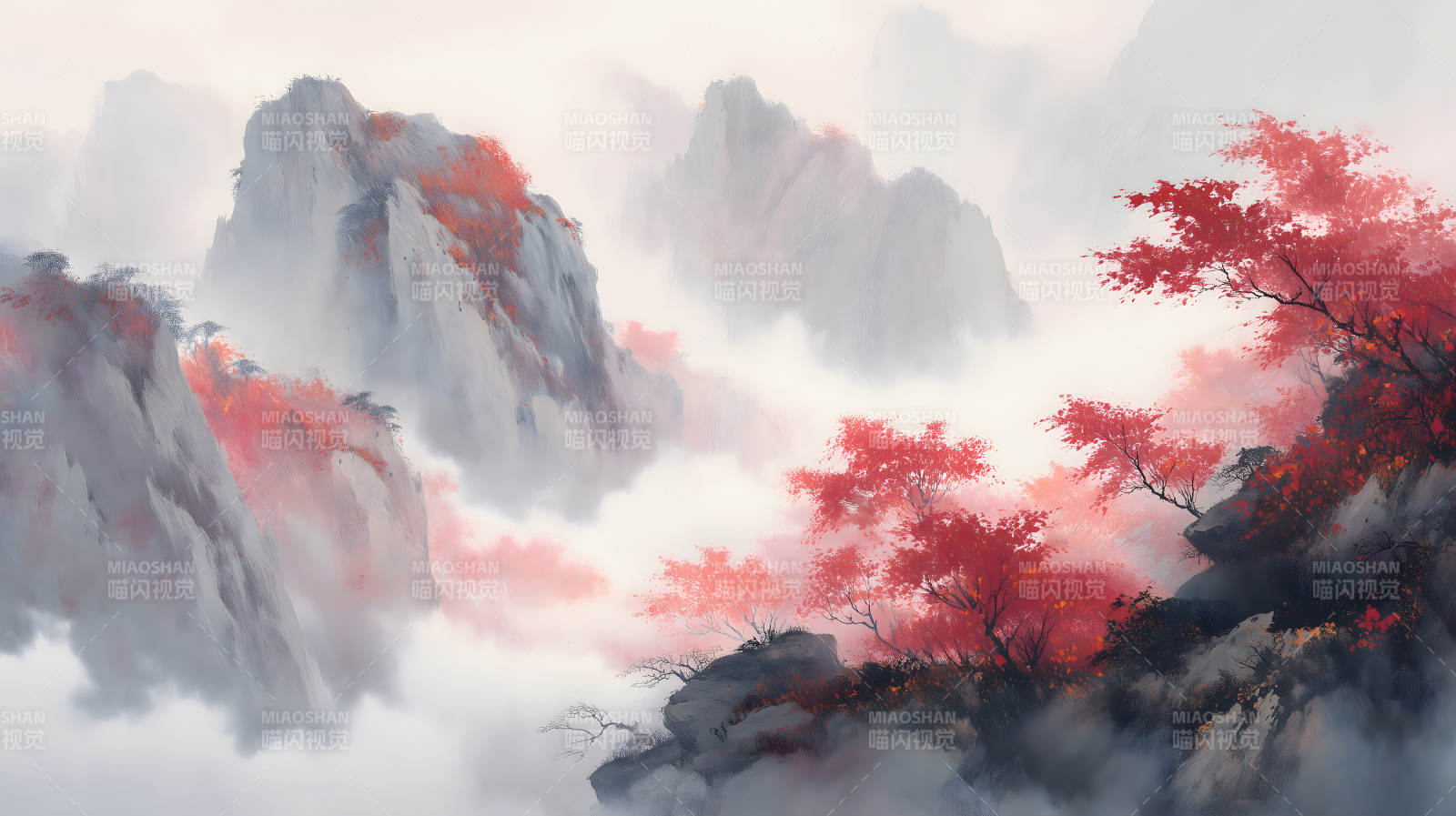 水墨山水画秋色红叶漫山图片