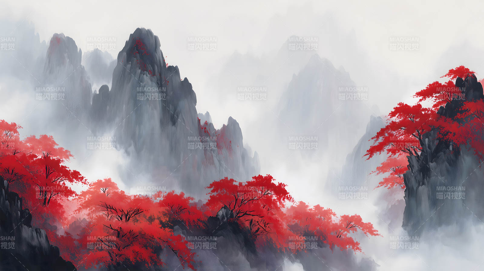 水墨山水红叶风景图片