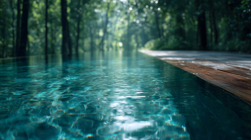 森林旁的泳池碧波荡漾光影斑驳图片