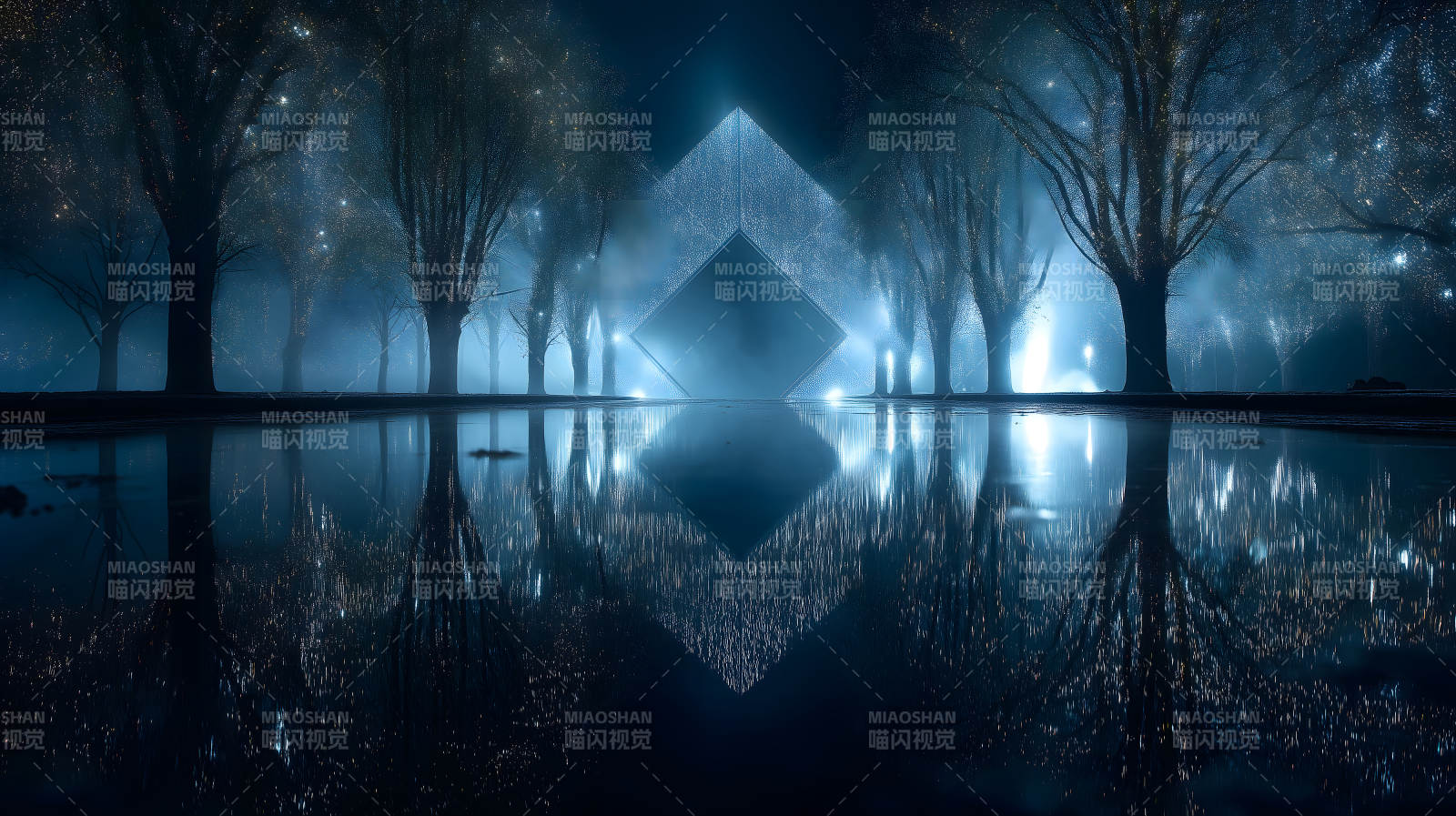 夜空下的神秘方块和倒影图片