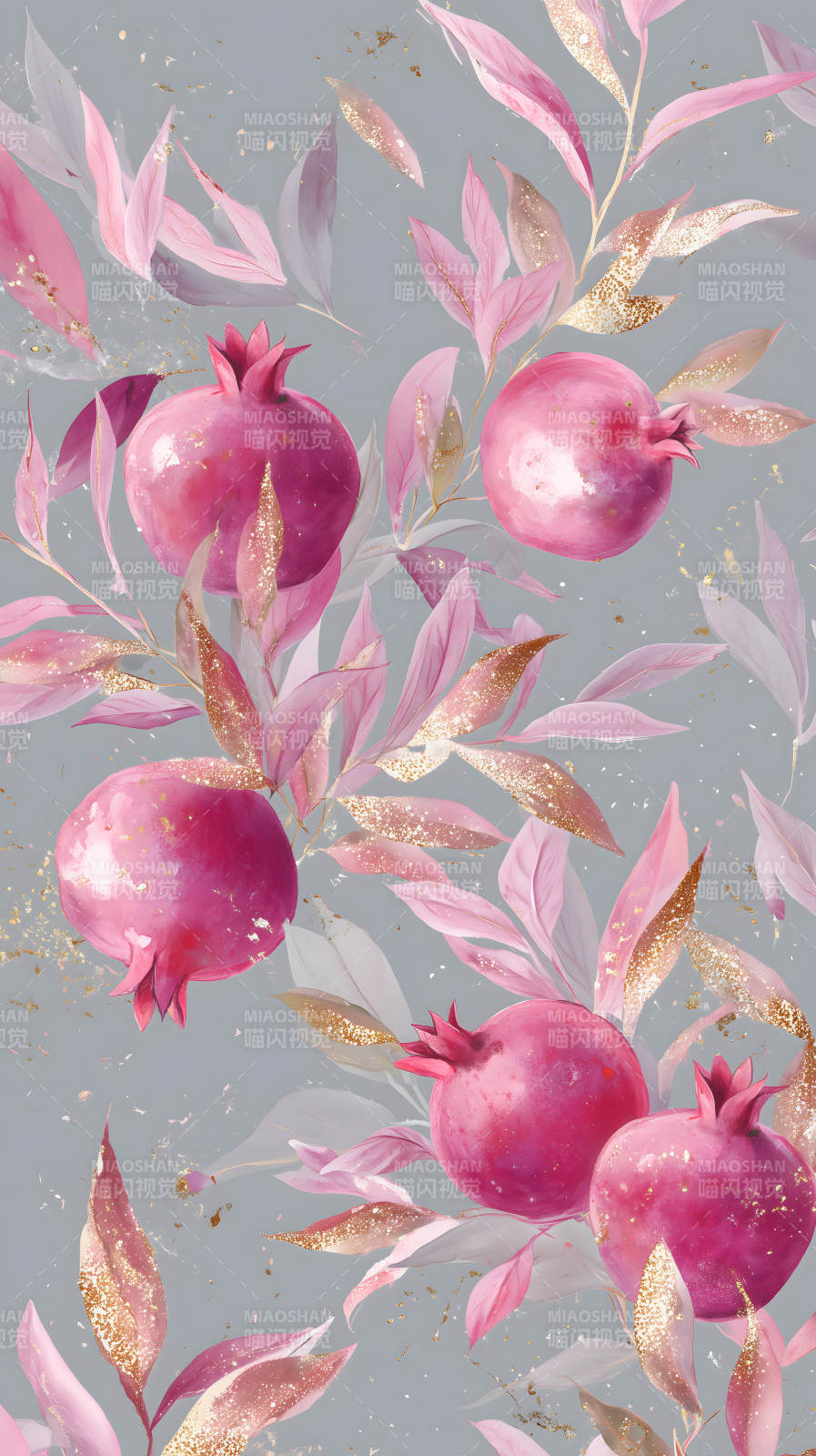 粉色石榴与金叶点缀的精美设计图片