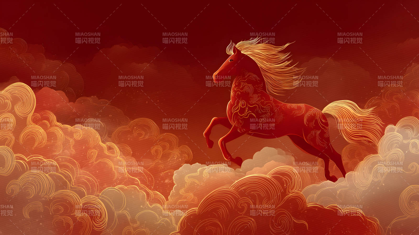 红色骏马翱翔云端意境图图片