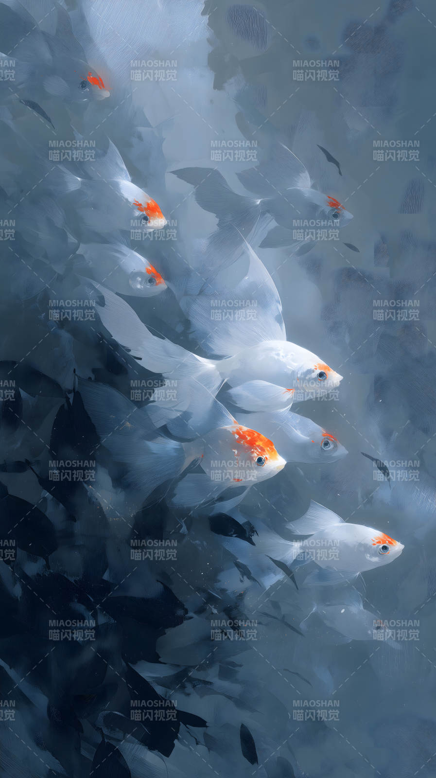 水下金鱼群游动梦幻场景图片