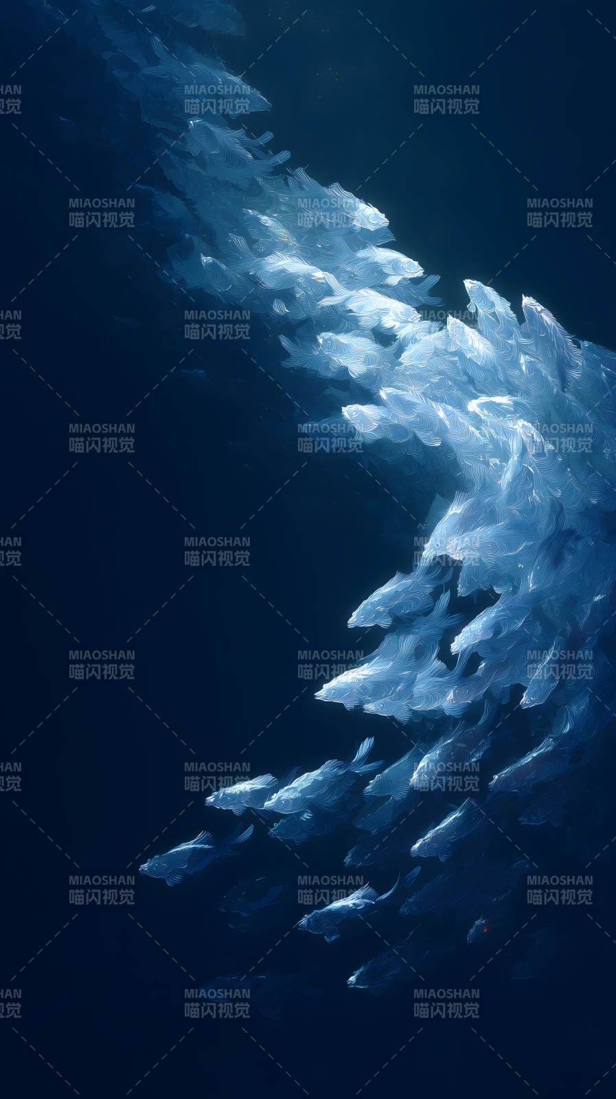 深海鱼群游动幽蓝画风图片
