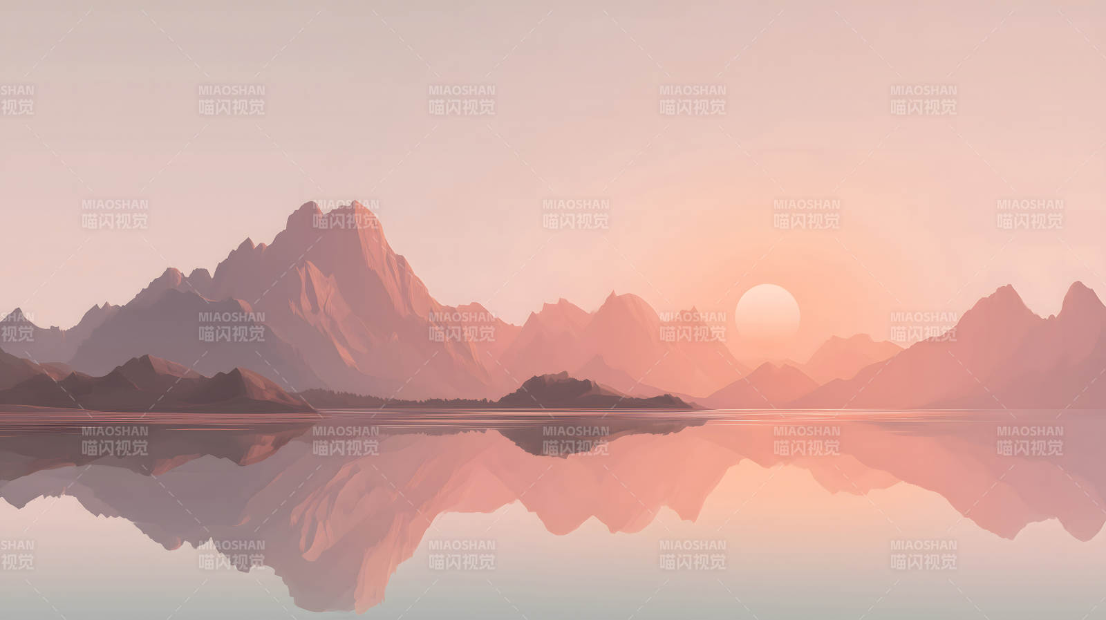 夕阳下的山脉与湖泊美景图片