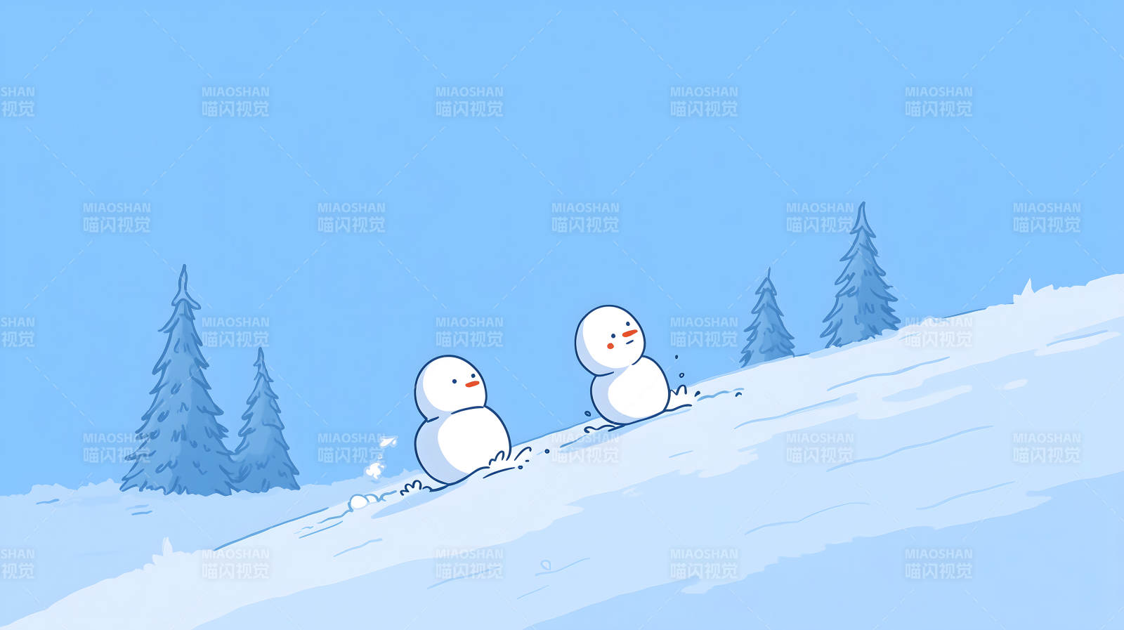 雪地里滚雪球的可爱雪人图片