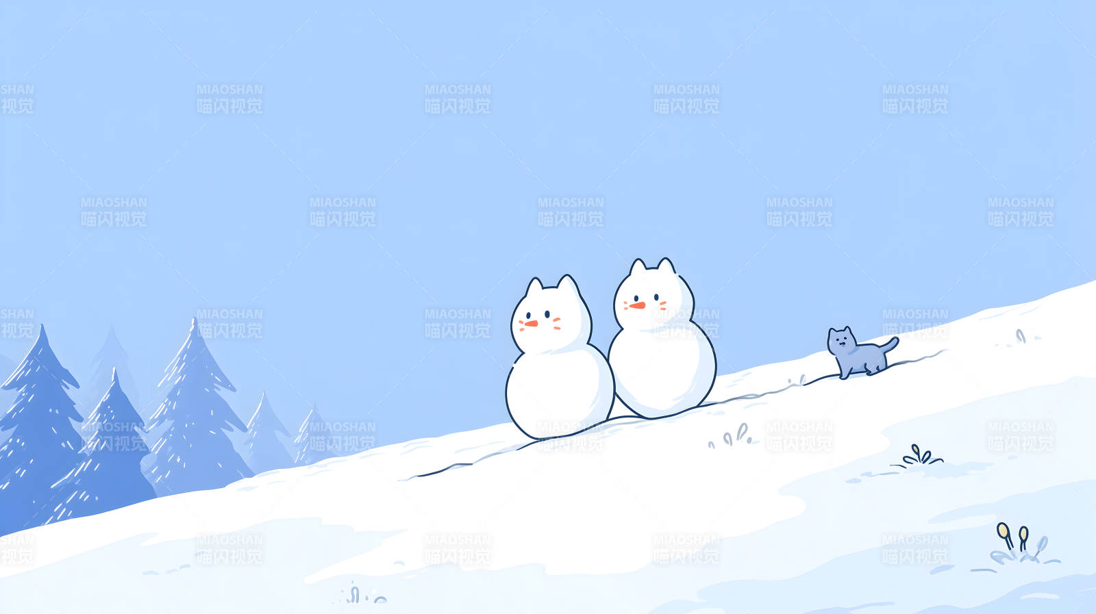 雪地里的猫咪和雪人图片