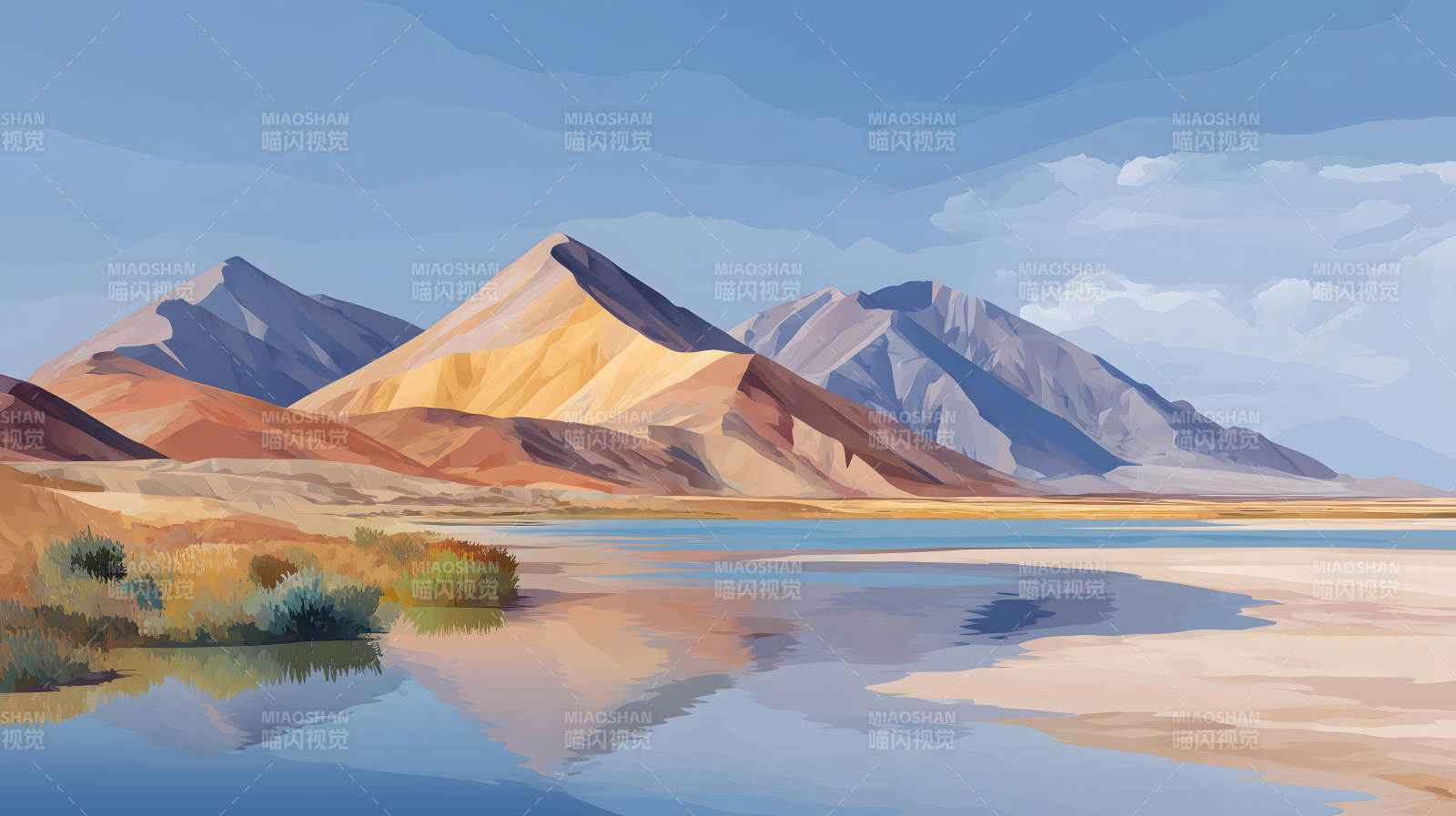 山水风景画蓝天白云倒影图片