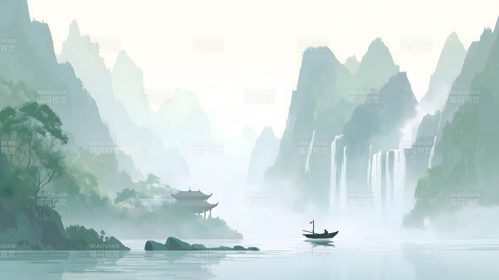 山水画意境小舟行舟图片