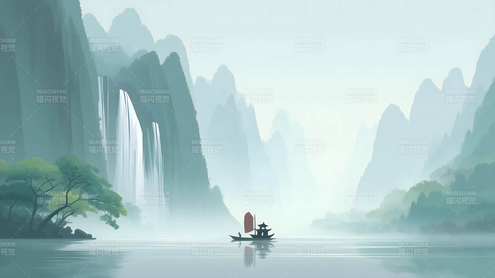 水墨山水画小舟驶向远方图片