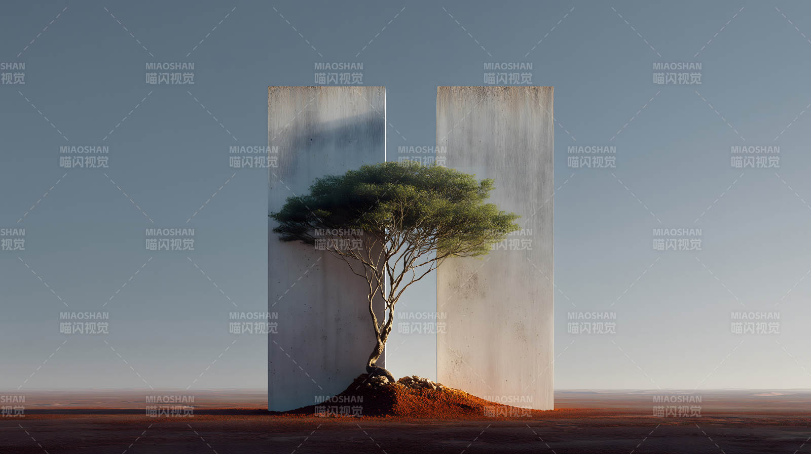 树木与混凝土墙在沙漠中图片