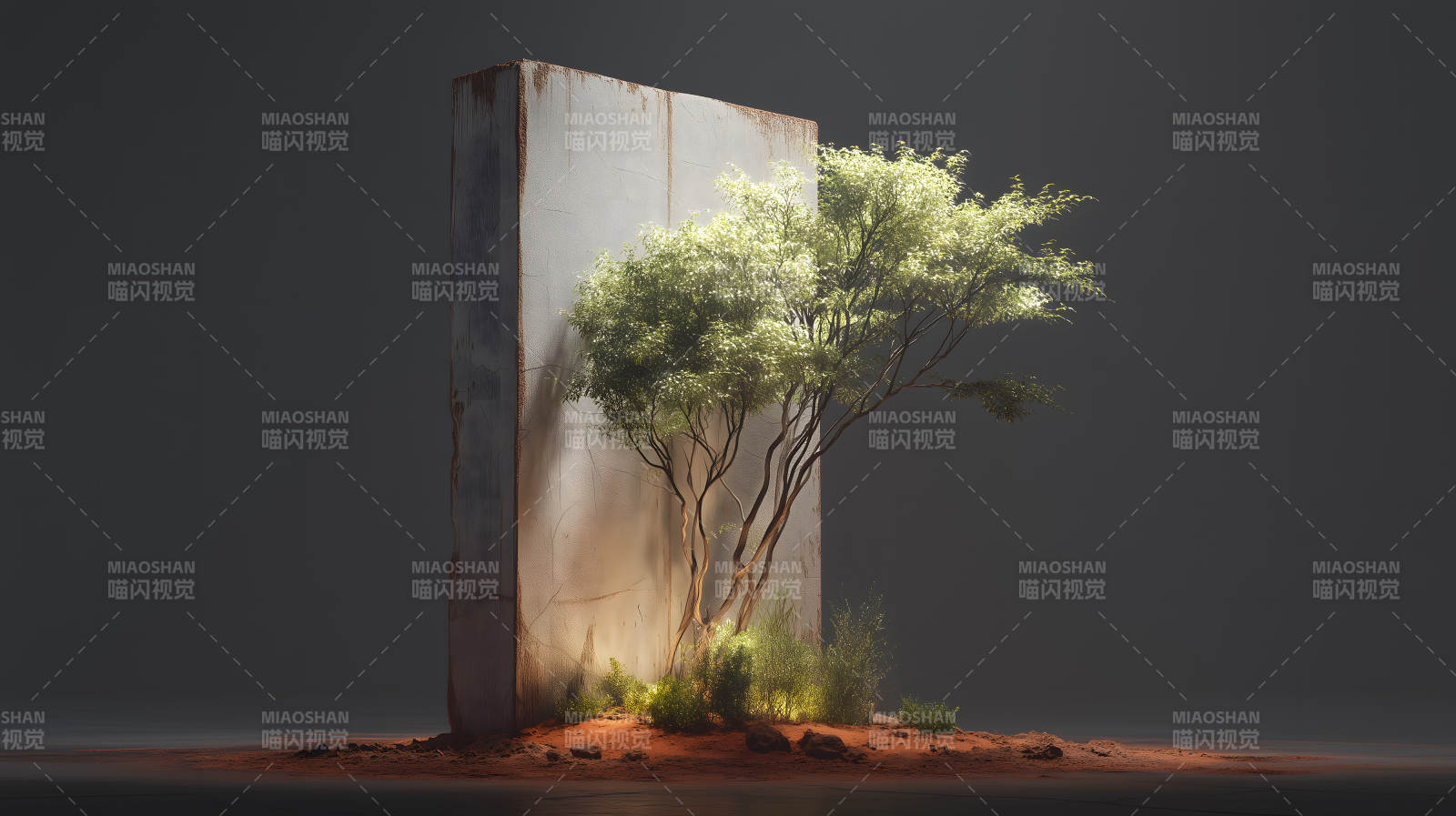 混凝土墙与绿树的对比图片