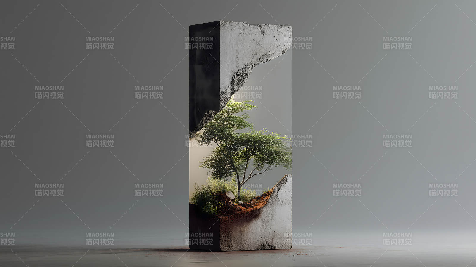 水泥块中生长着一棵树木图片