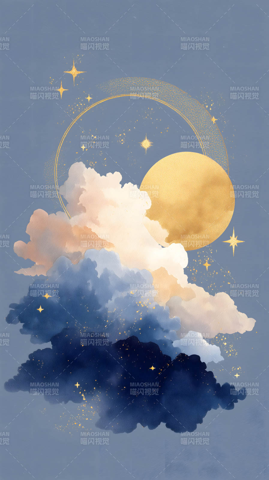 夜晚天空下的金色月亮和星星图片