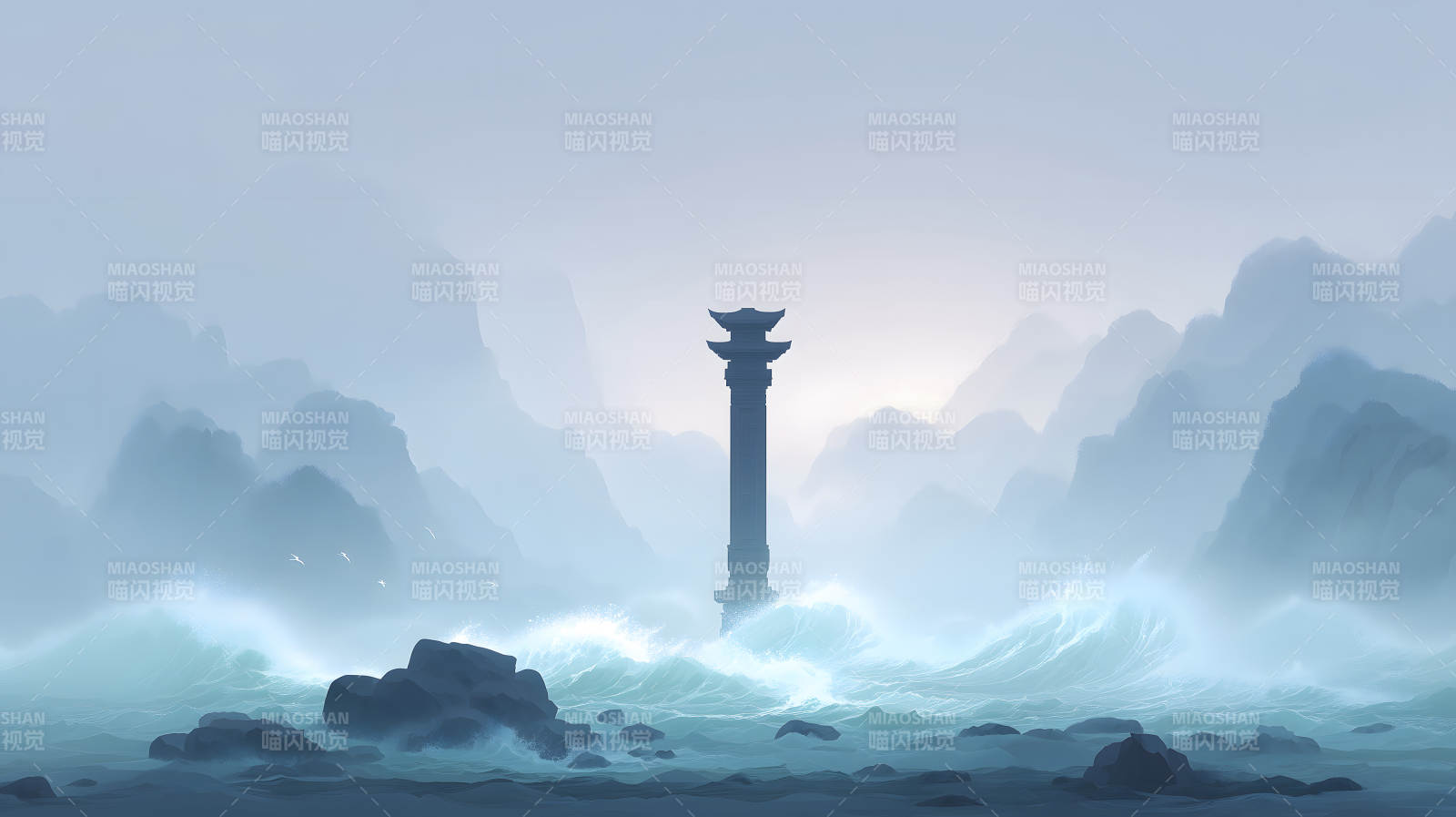孤塔伫立海浪之中雾气缭绕山峦连绵图片