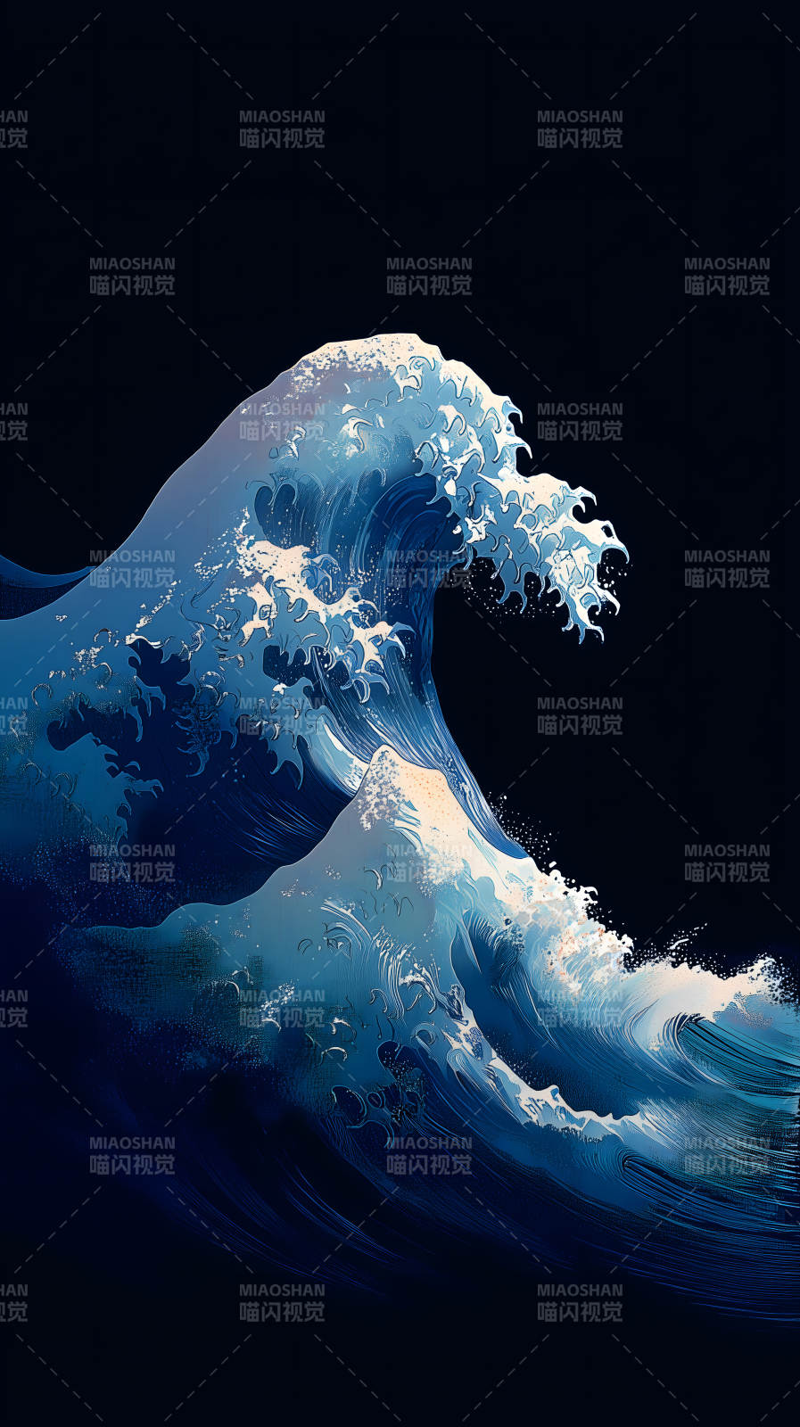 巨浪翻滚的蓝色水墨画图片