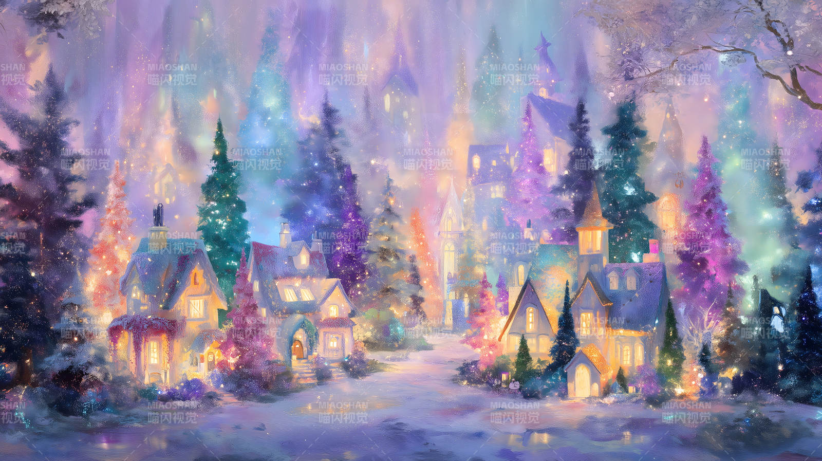 梦幻冬日小镇夜晚景色图片