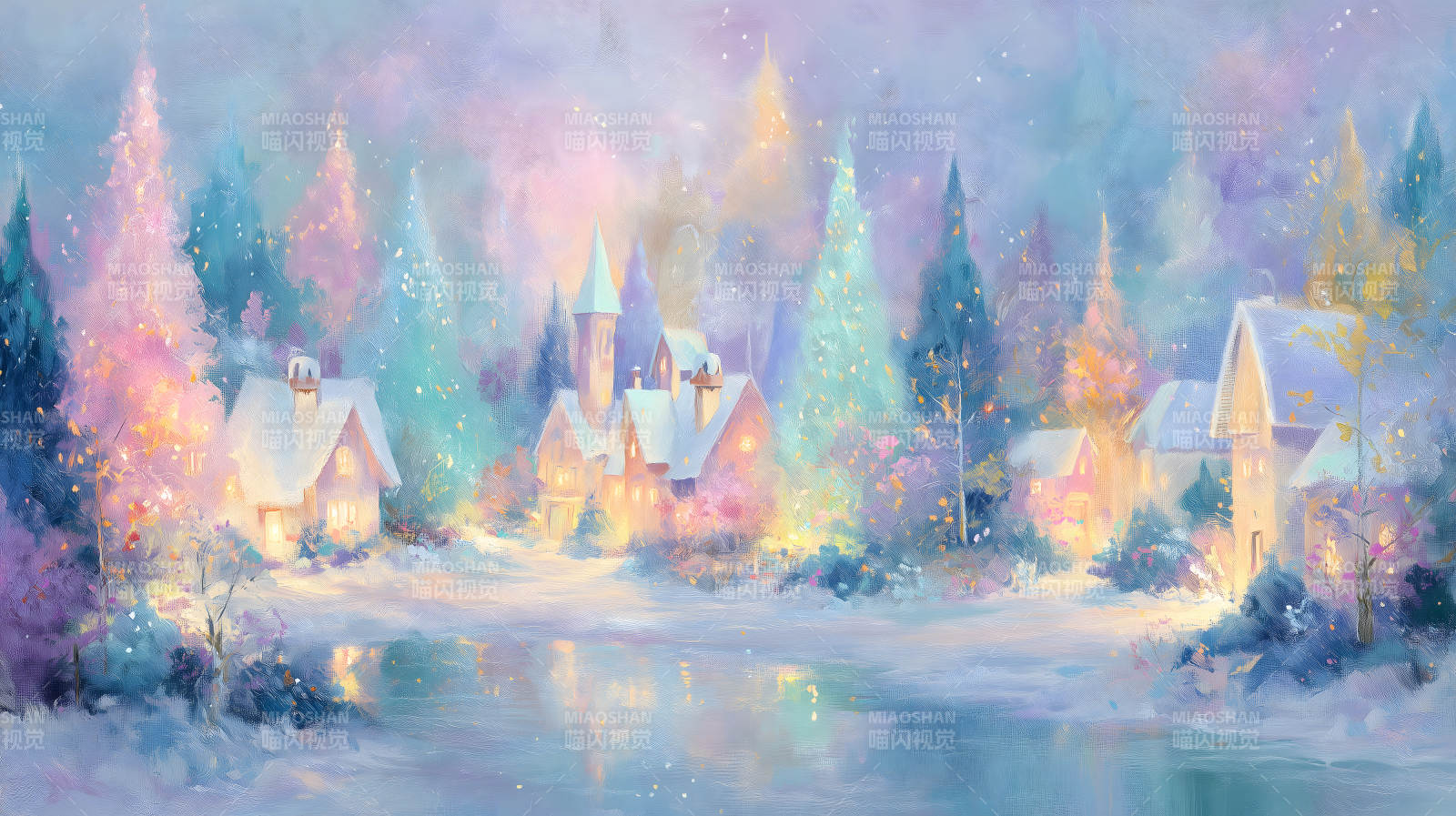 冬日梦幻雪景小镇油画图片