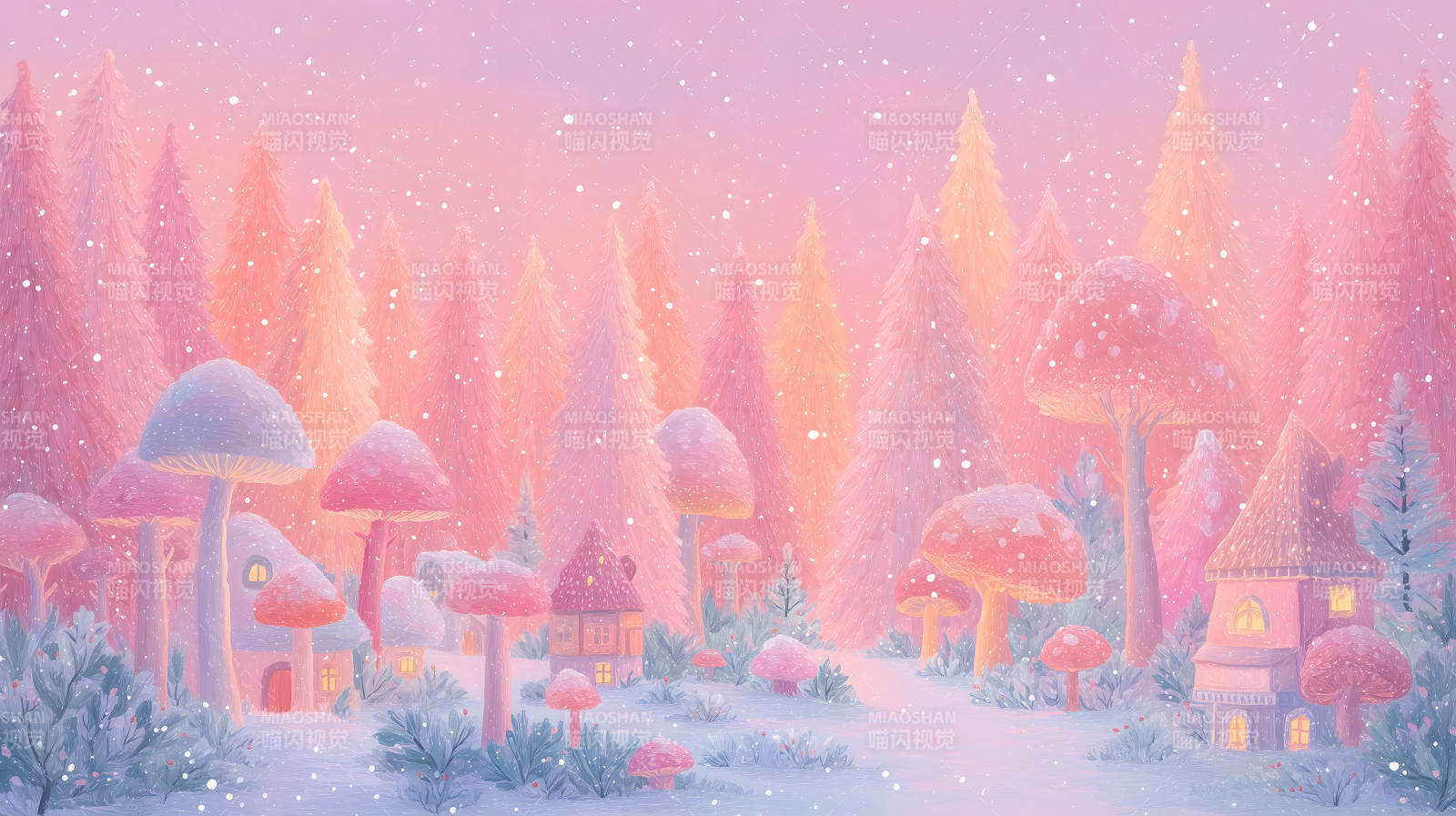 梦幻粉色森林冬日场景图片