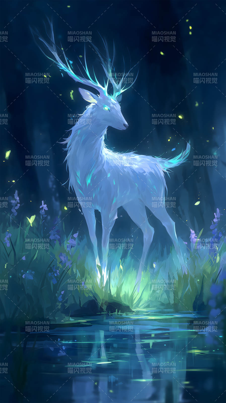 发光麋鹿伫立水畔的梦幻场景图片