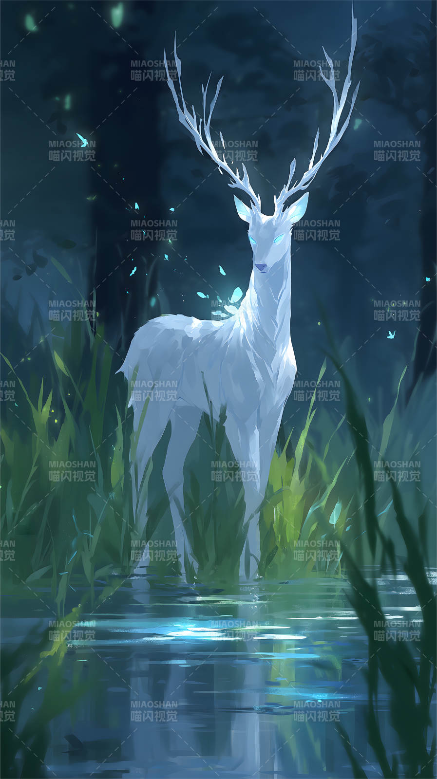 发光白鹿伫立水面森林图片