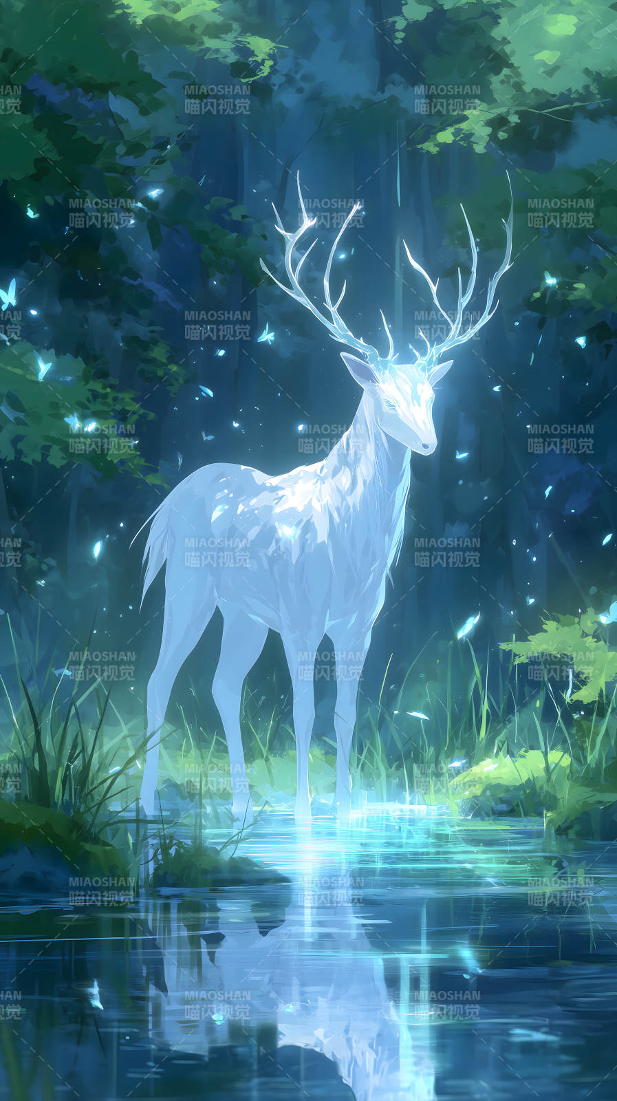 森林精灵鹿在水边散发光芒图片