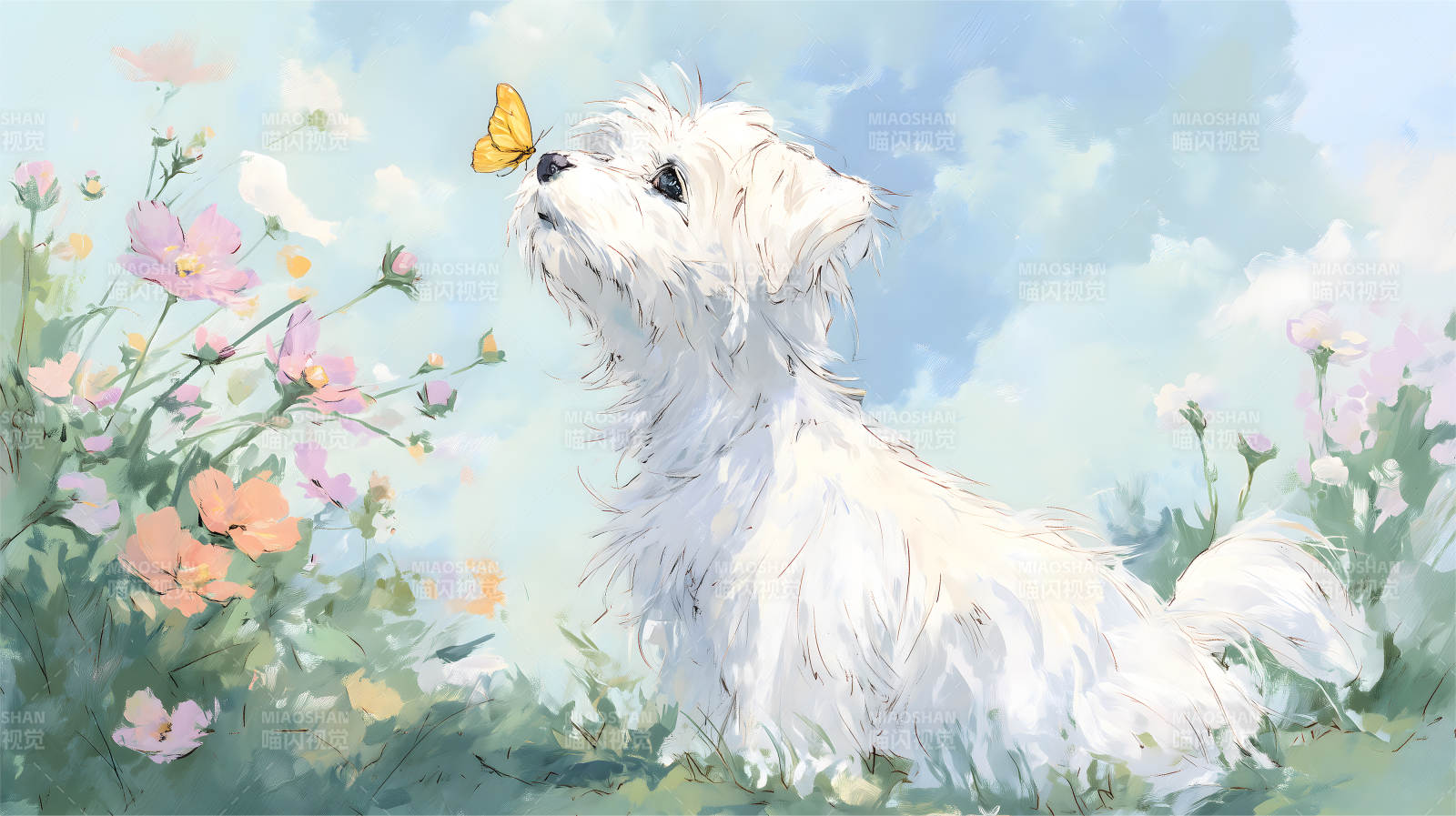 小狗与蝴蝶相遇在花海中图片
