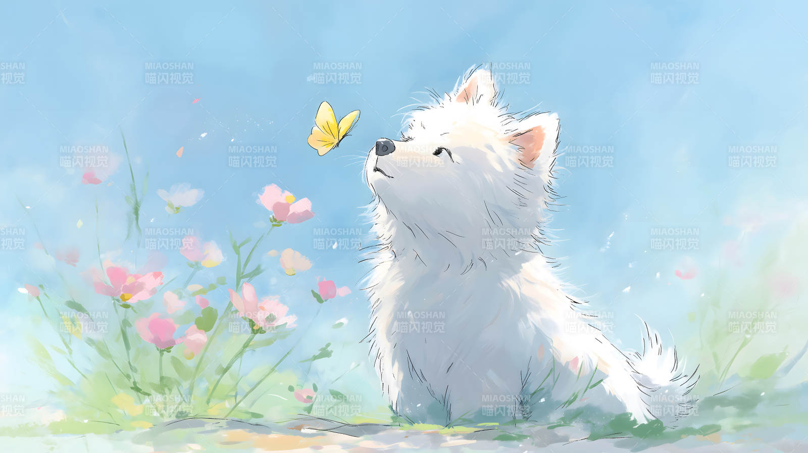 小狗与蝴蝶共赏春色图片