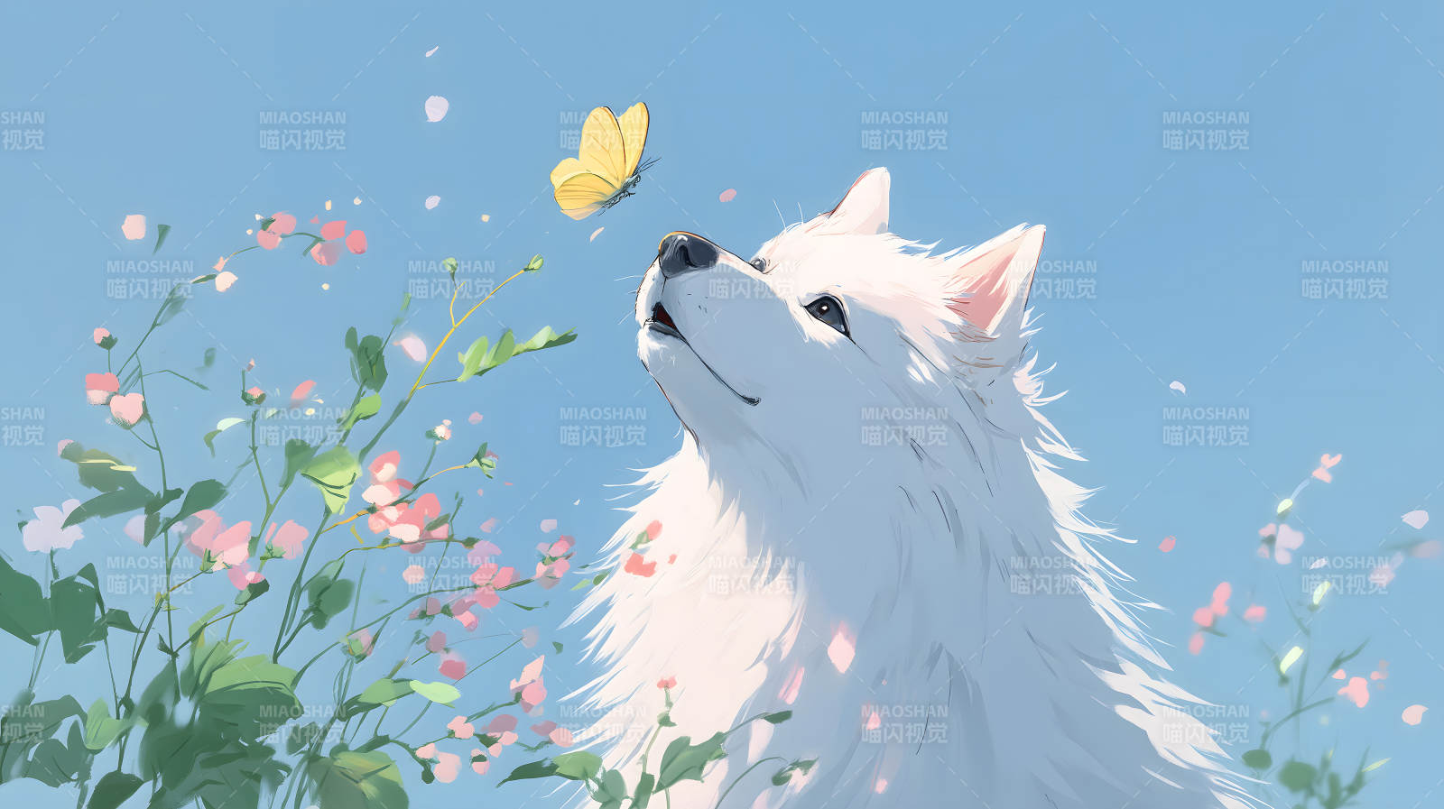 白狗仰望蝴蝶花草飘落天空图片