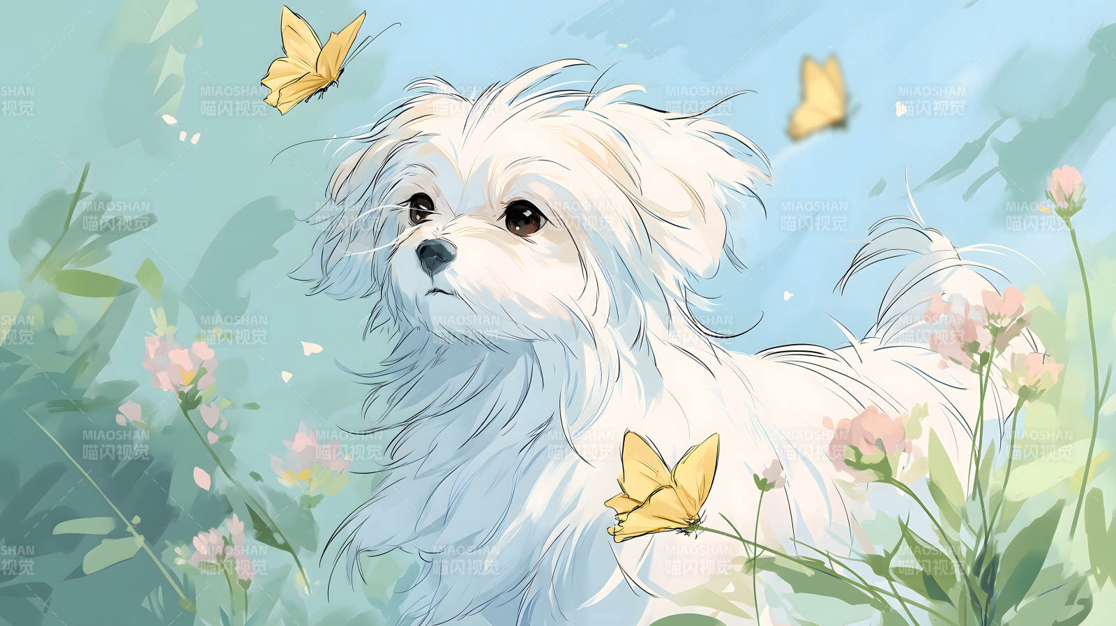 小狗与蝴蝶在花园里图片