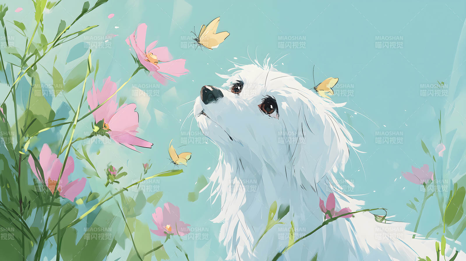 小狗凝视蝴蝶花朵围绕图片