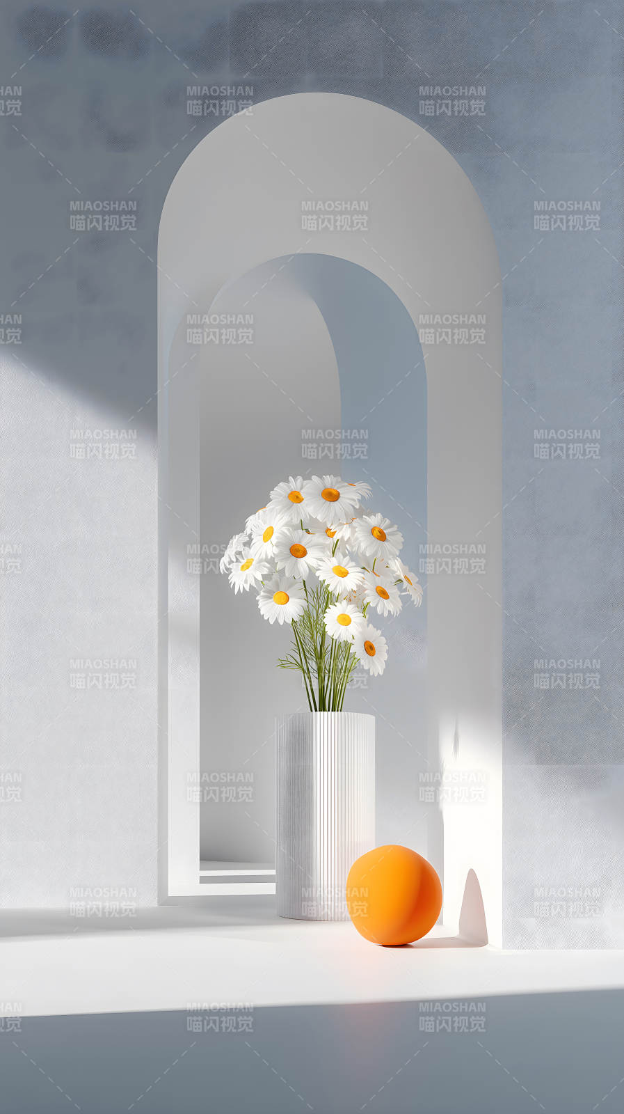 室内静物拍摄雏菊和橙色球图片