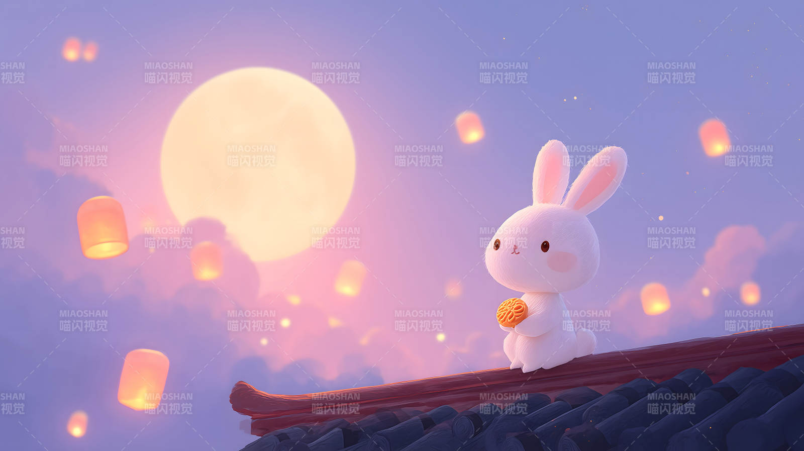 月兔赏月吃月饼灯笼飞舞夜空图片