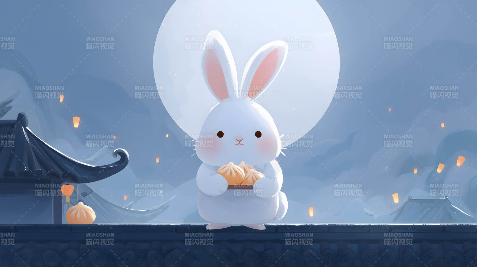 可爱兔子赏月吃包子中秋佳节喜乐团圆图片