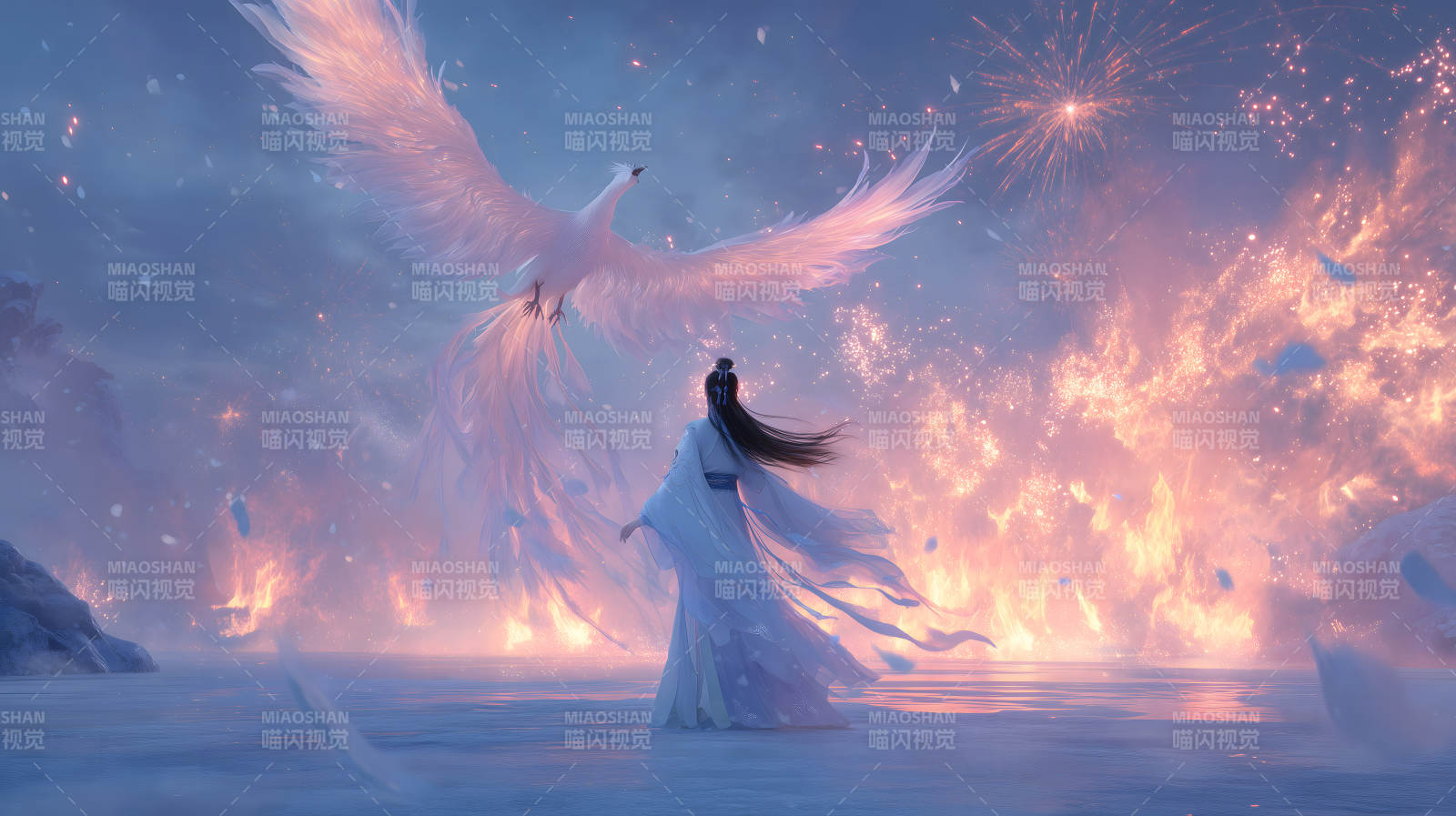 少女与凤凰共舞的梦幻景象图片