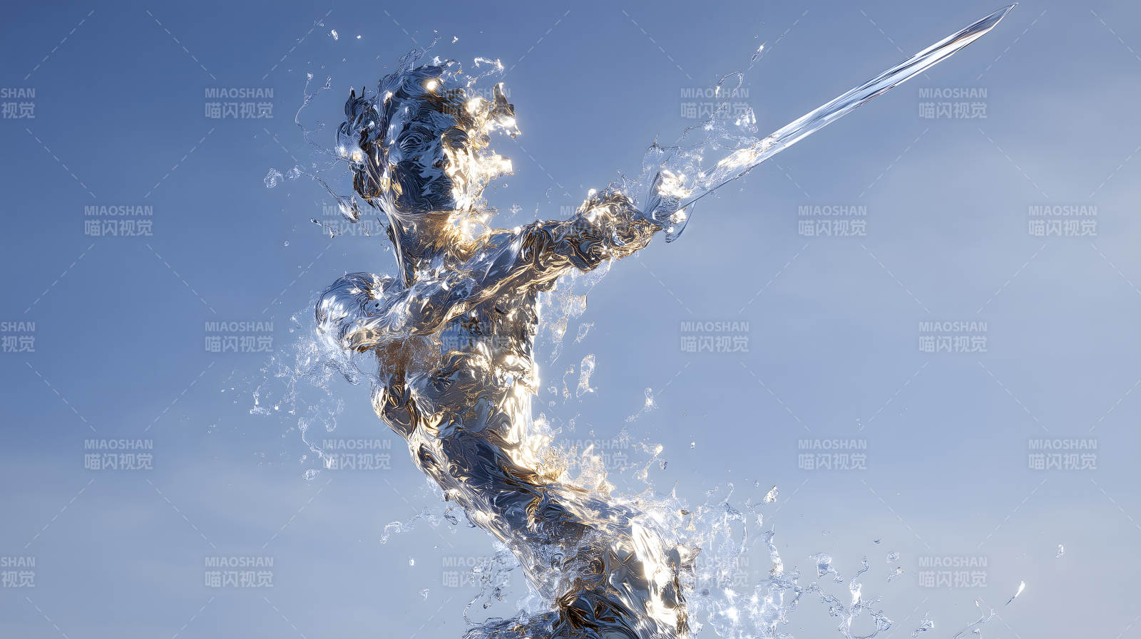 水人持剑挥舞蓝色天空图片