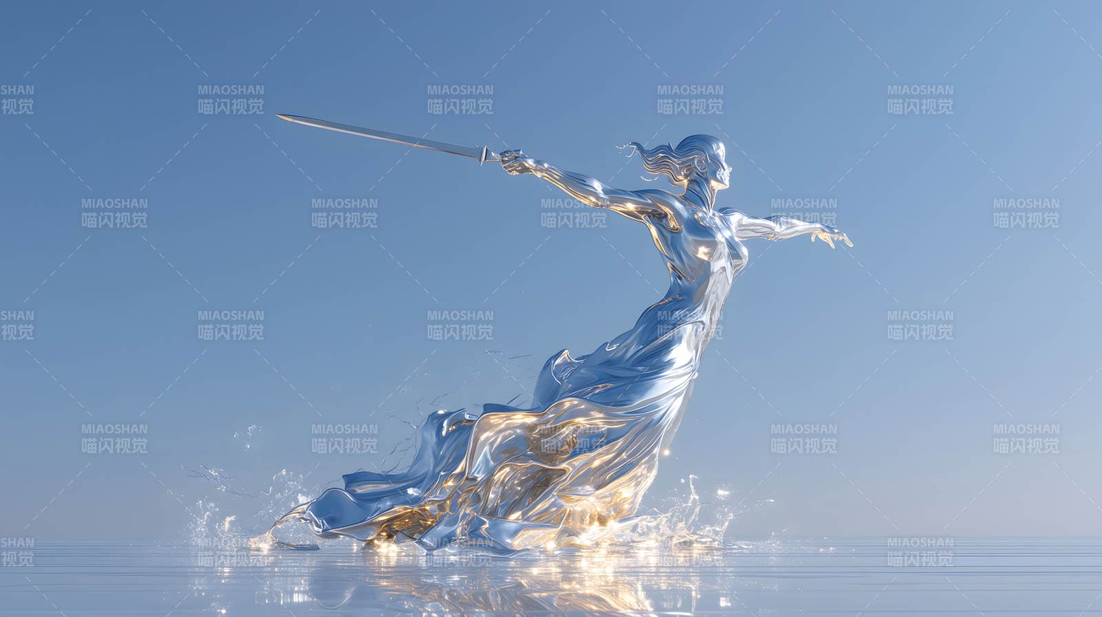 银色雕像挥剑冲刺姿势优美图片