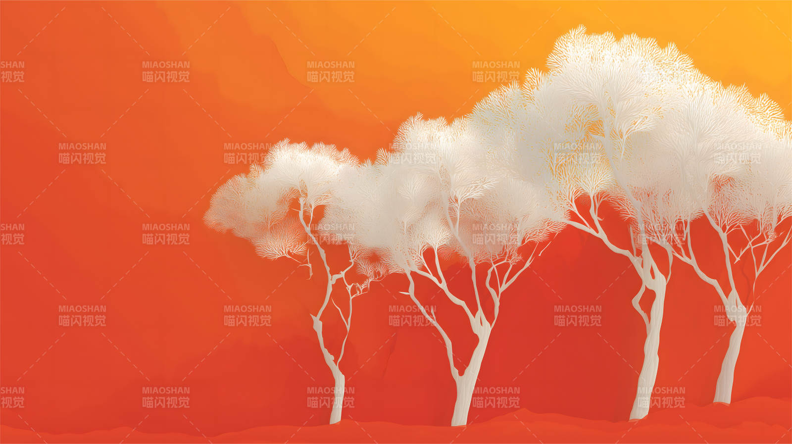 橙色背景白色树木剪影图片