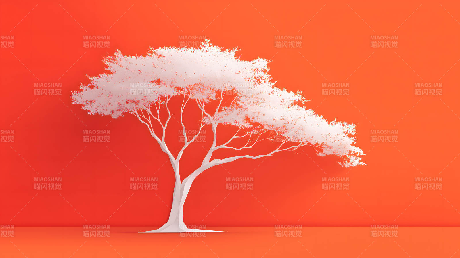 红背景下白色树木剪影图片