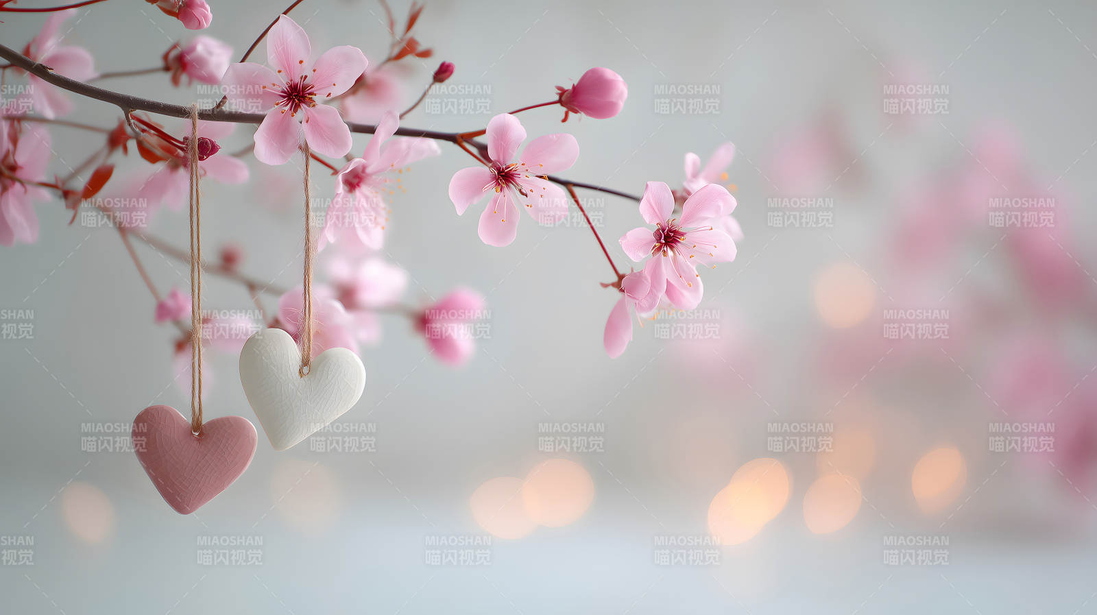粉色樱花与爱心装饰温馨唯美图片