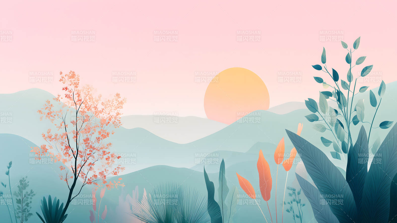 粉色天空下的植物与山峦图片