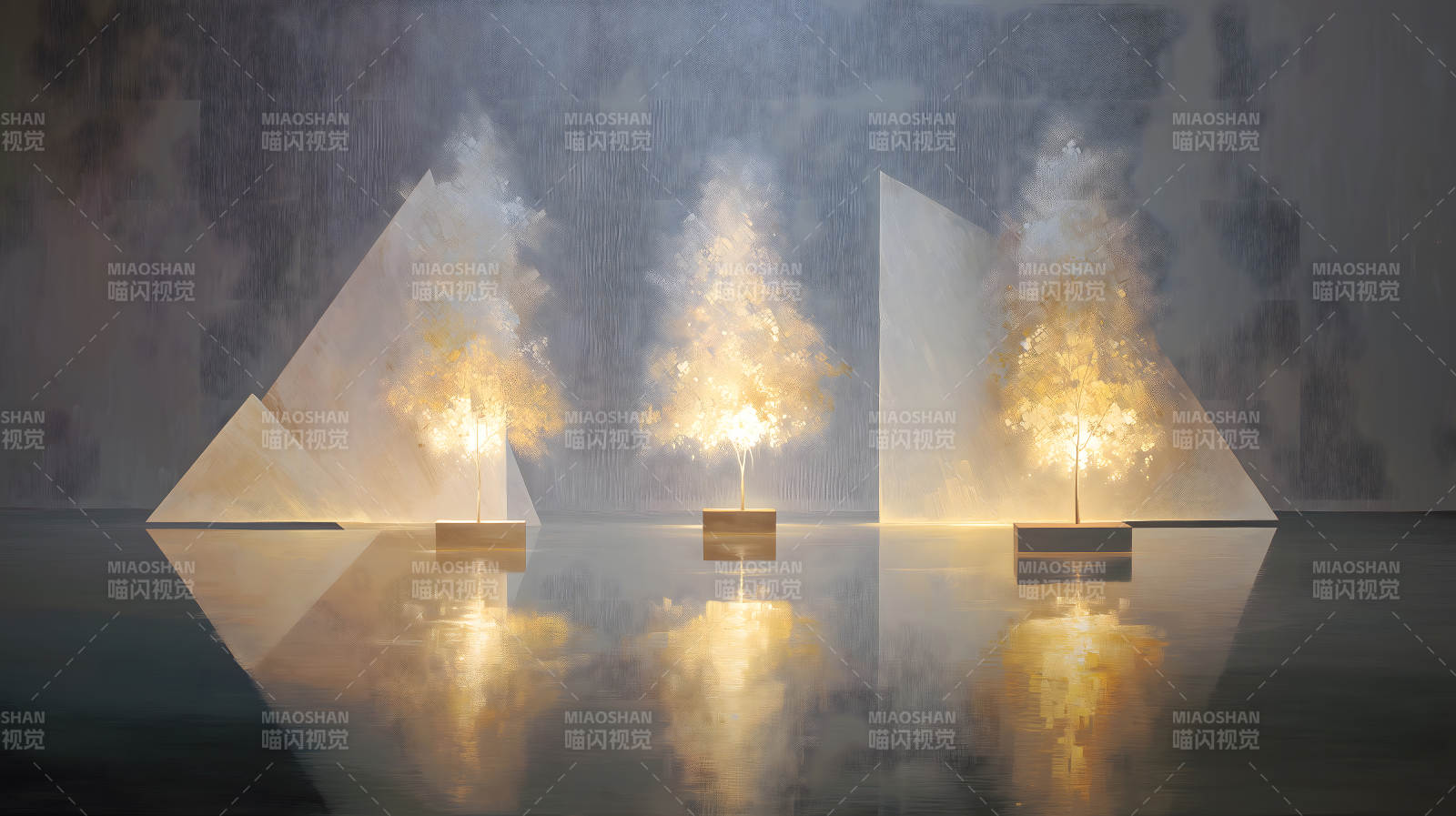 三棵发光的树反射在水中图片