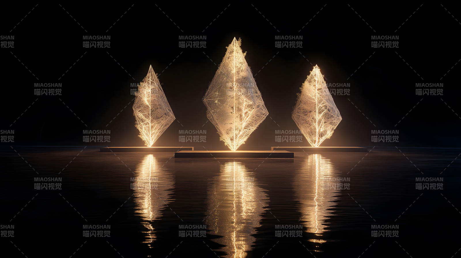 发光菱形装置艺术品水面反射图片