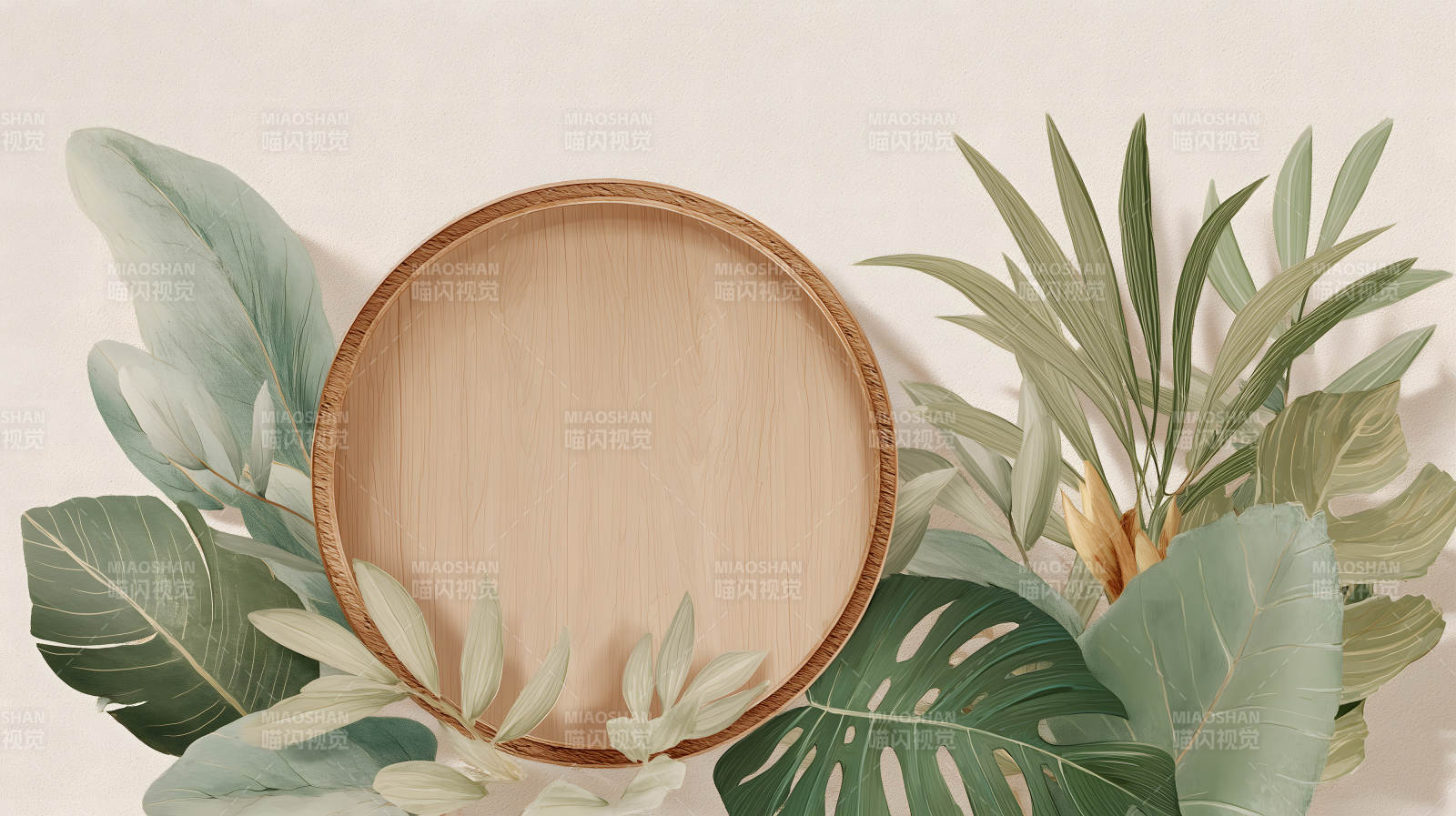 木质圆形相框装饰热带植物图片