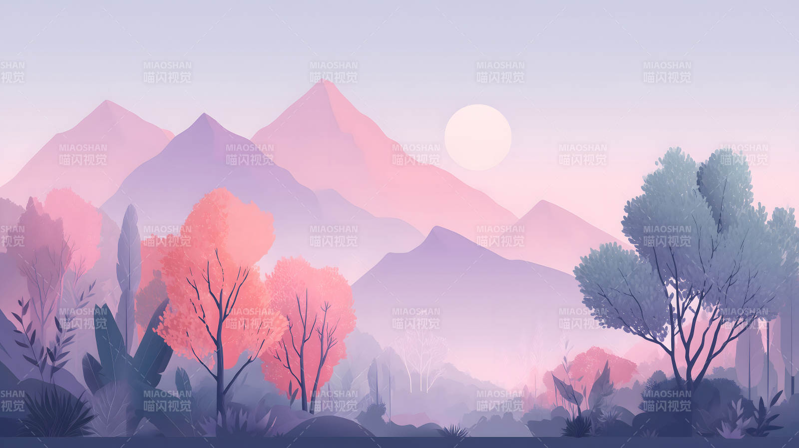 粉色山峦下的唯美森林图片