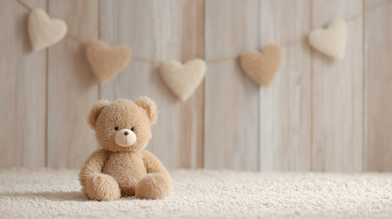 毛绒玩具熊搭配心形装饰背景温馨图片