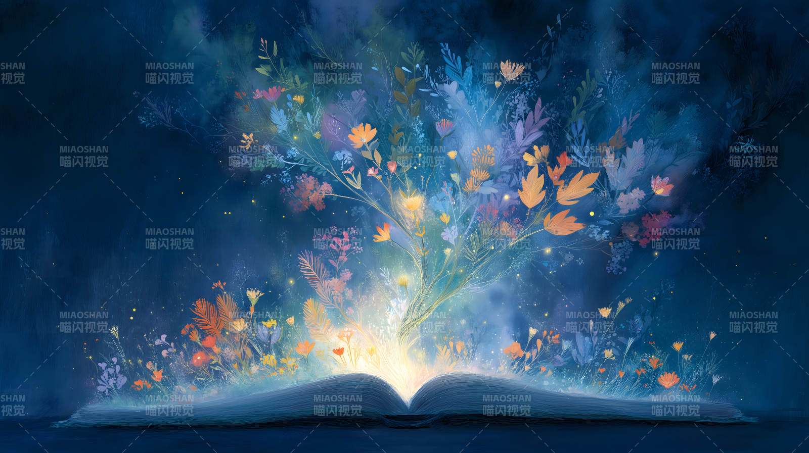 绽放的图书与梦幻花草图片