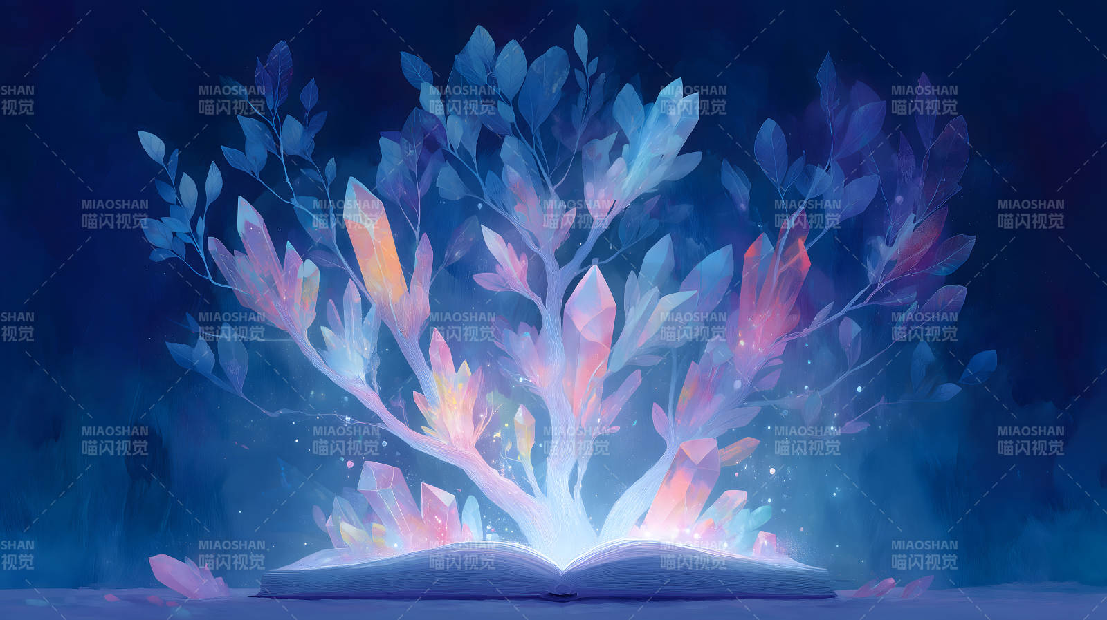 魔法书与水晶树的梦幻景象图片