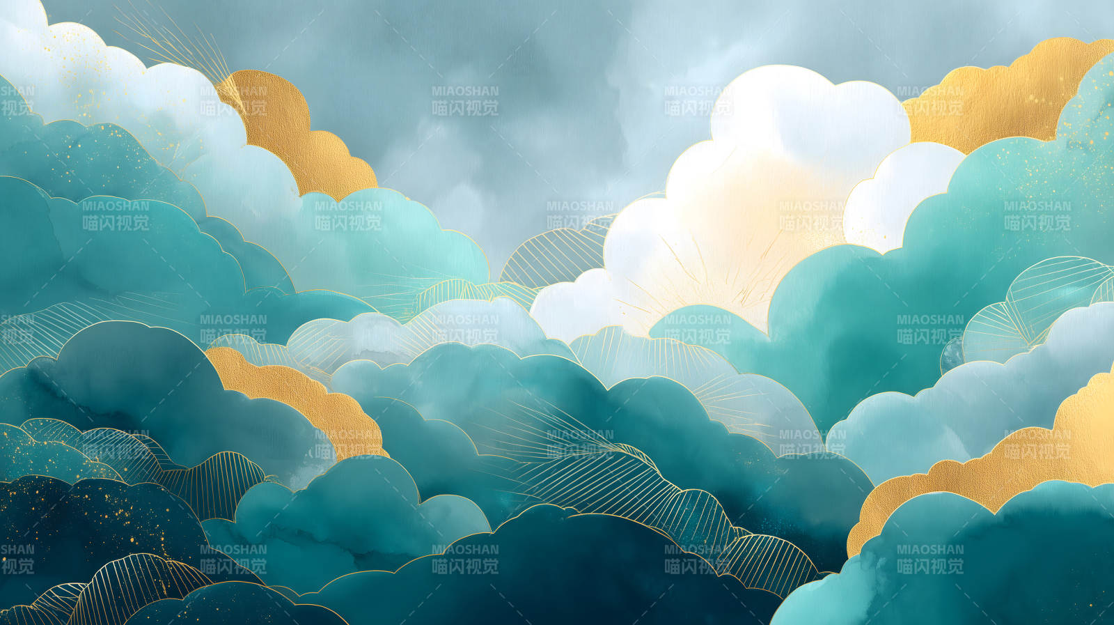 水墨云彩金边装饰画图片