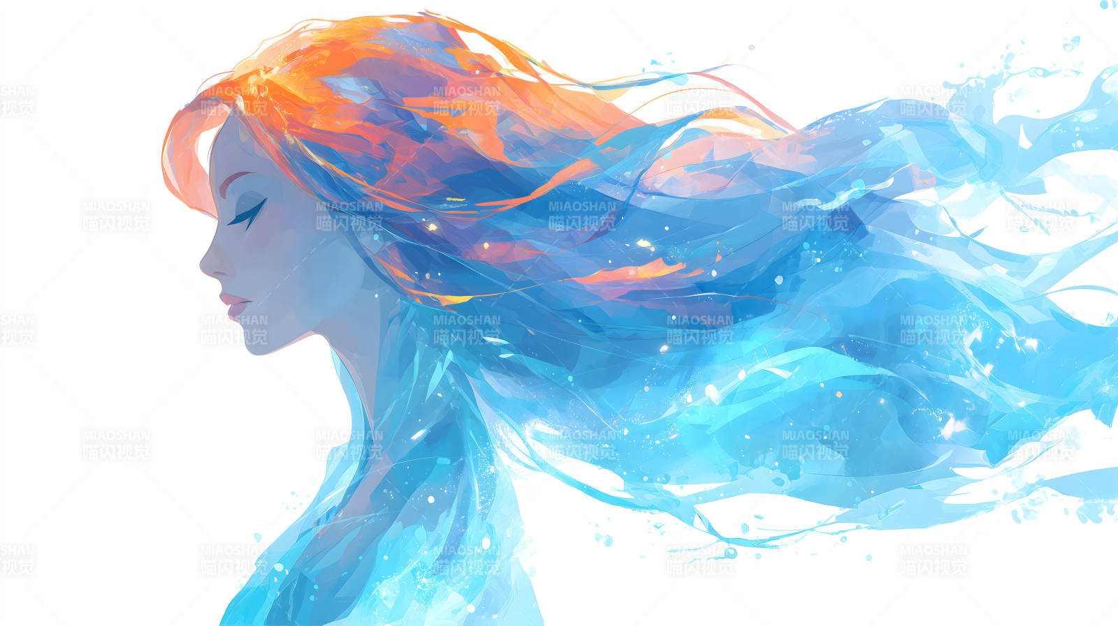 水蓝色长发女子侧影灵动飘逸图片